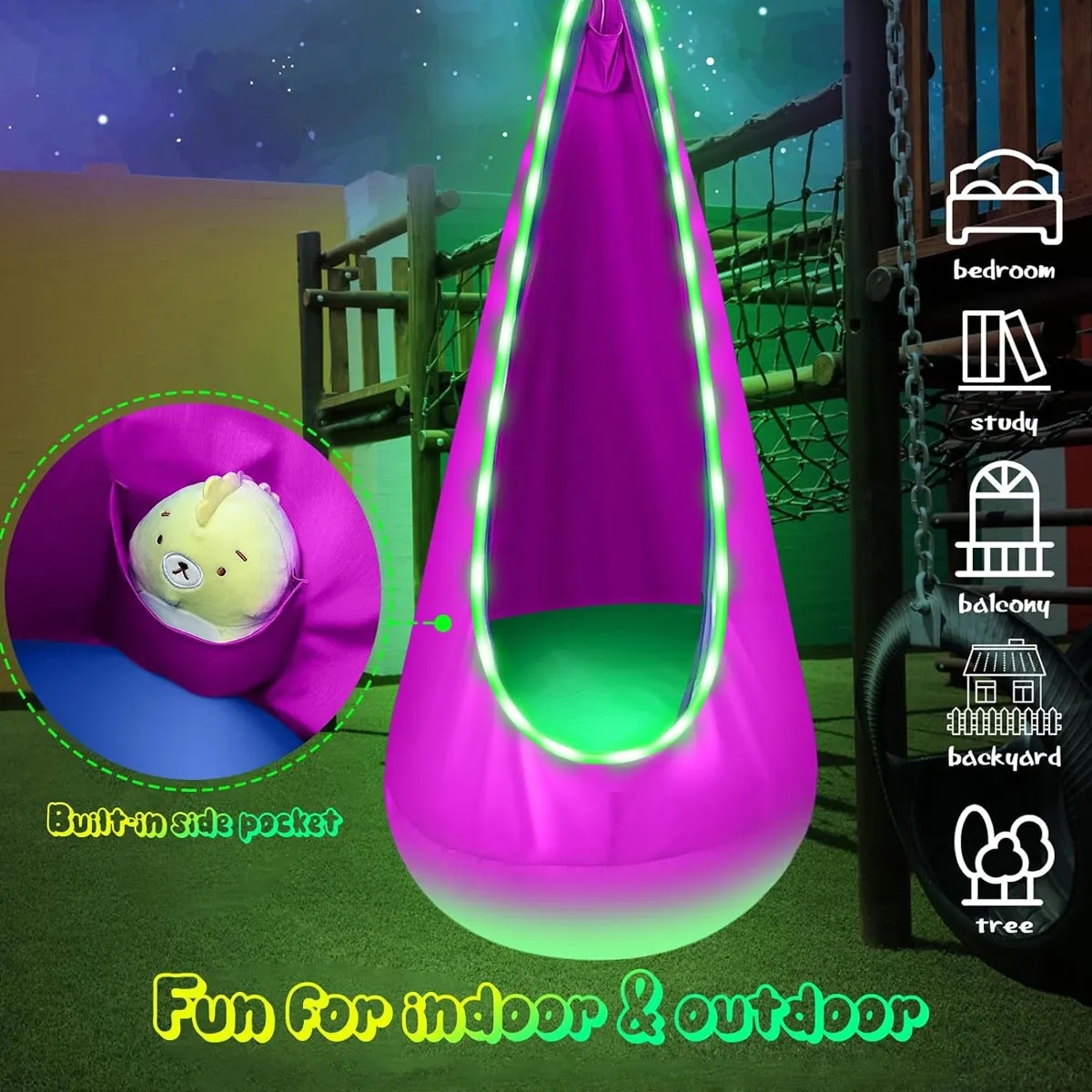 Hanging LED Sensory Light Up Kids Pod Swing Seat Hammock 5