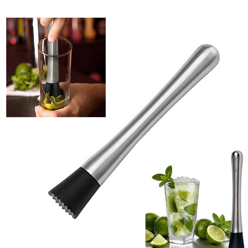 8" Stainless Steel Muddler Bar with Black Grooved Ice Hammer 1