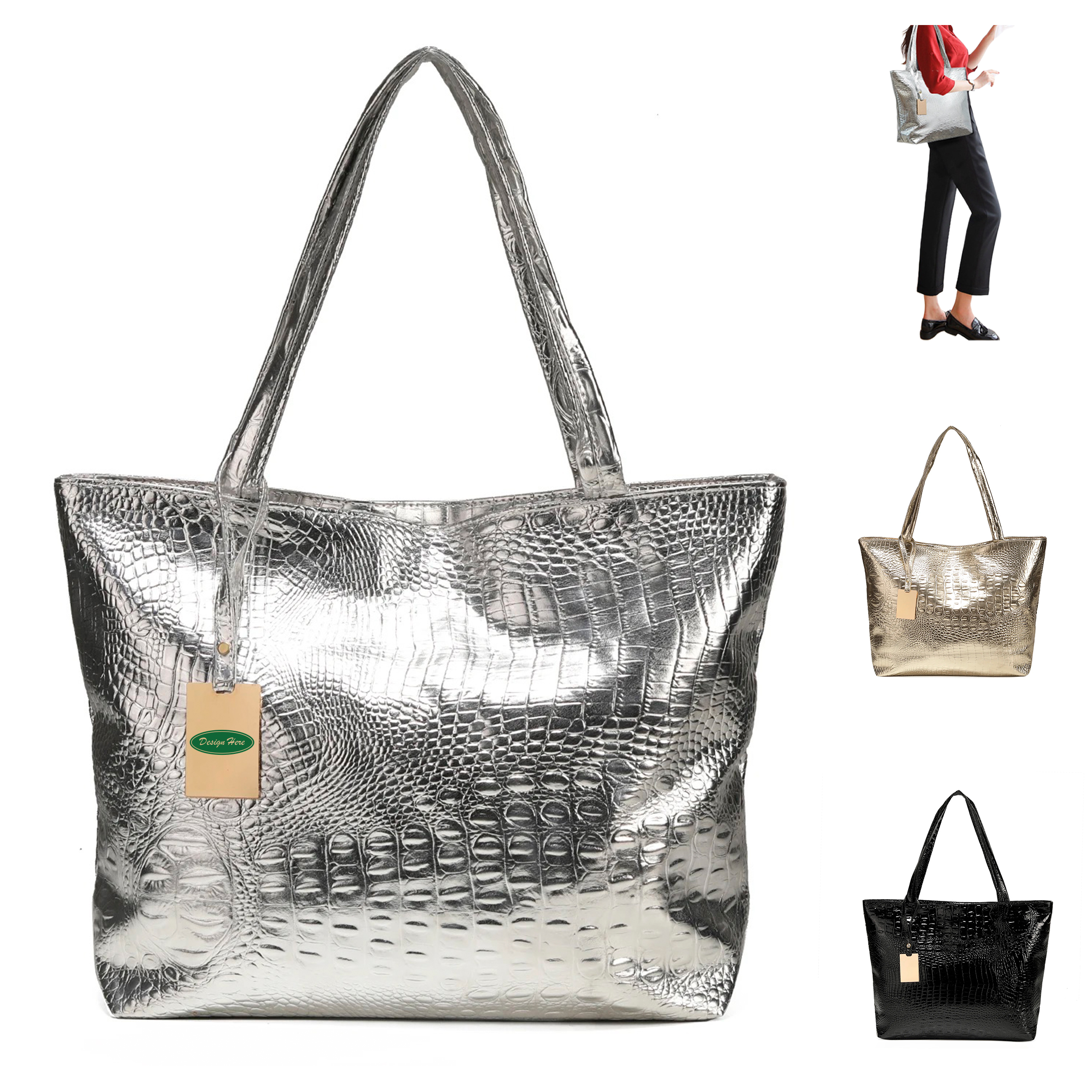 Stylish PU Leather Tote with Croc Texture, custom tote bag with logo imprint 5