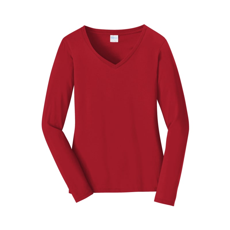 Port & Company Women's Long Sleeve Fan Favorite V-Neck Tee. 100
