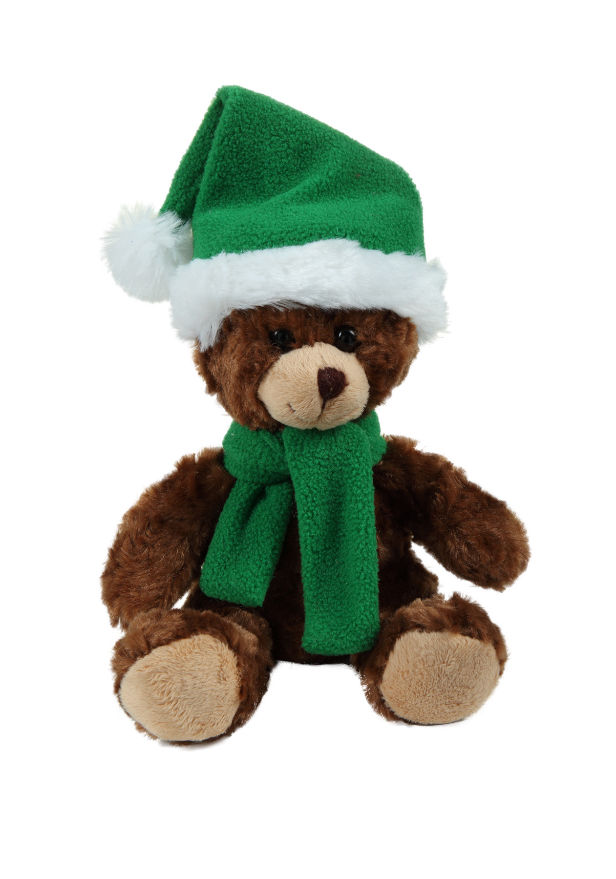 soft plush  Chocolate Curly Sitting Bear with Christmas scarf &hat