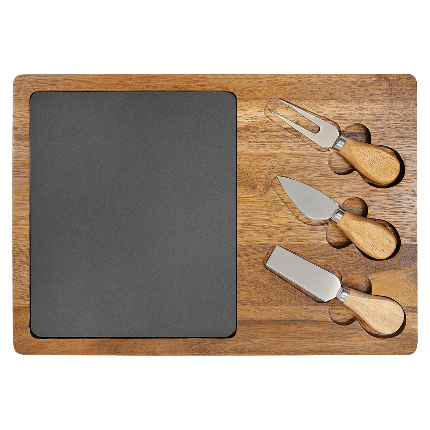 13 3/4" x 9 3/4" Acacia Wood/Slate Rectangle Cheese Set w/ Three Tools 2