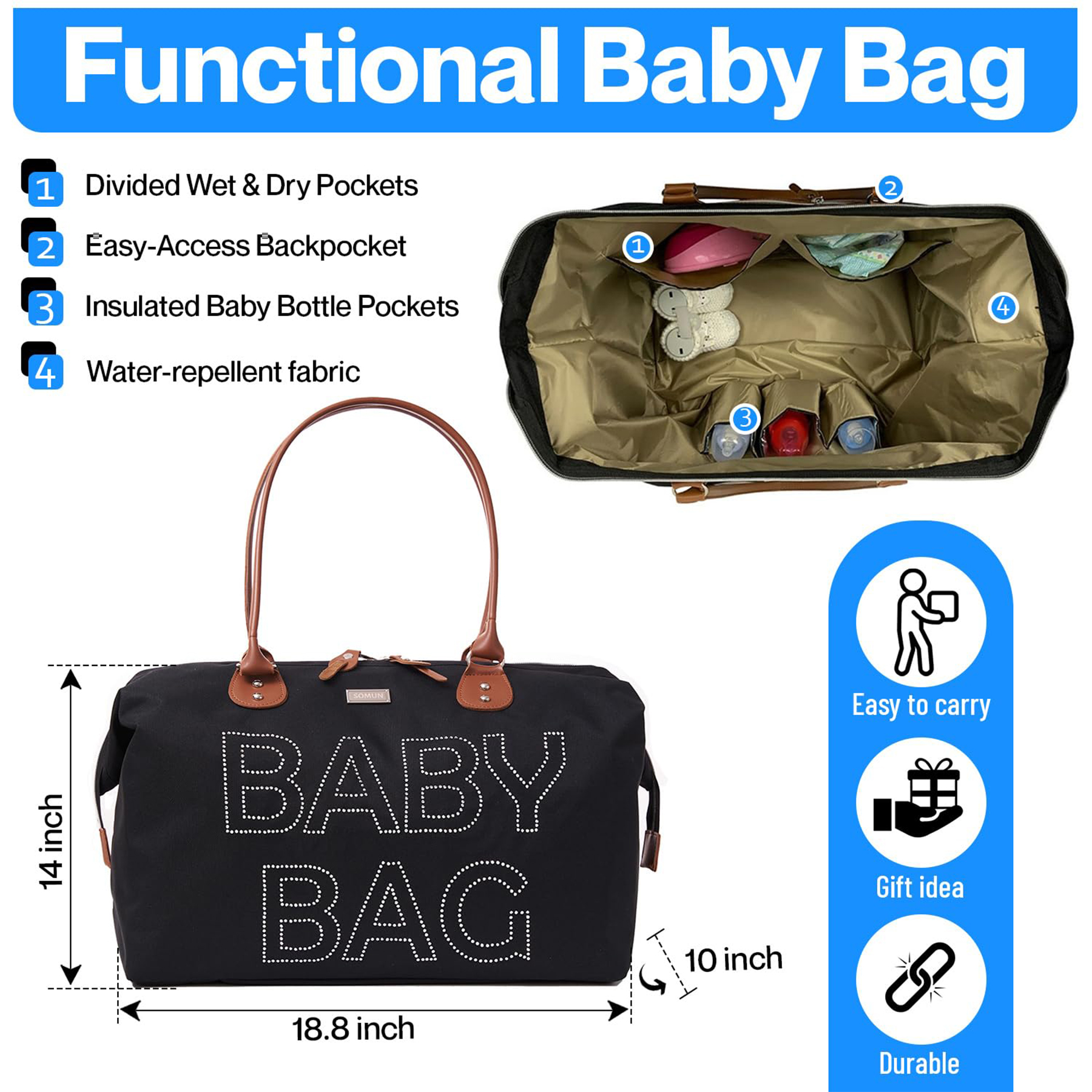 Polyester Baby Diaper Hospital Tote Duffelbag black 9