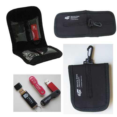 BLACK NEOPRENE USB STORAGE CASE WITH VELCRO FOLDOVER CLOSURE AND CARABINER HOOK 2