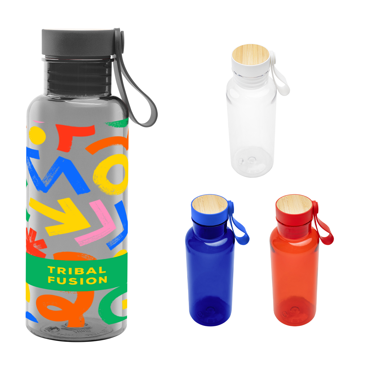 20 Oz. Full Color Cade rPET Bottle With Bamboo Accent Lid and Silicone Easy Carry Handle
