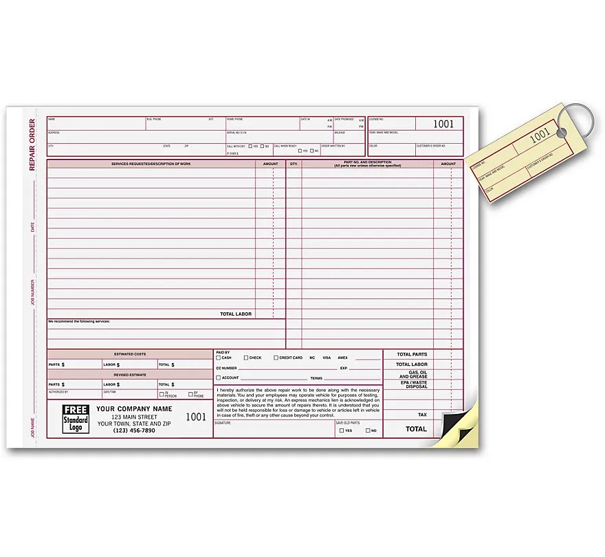 Repair Order Forms With Key Tag 2