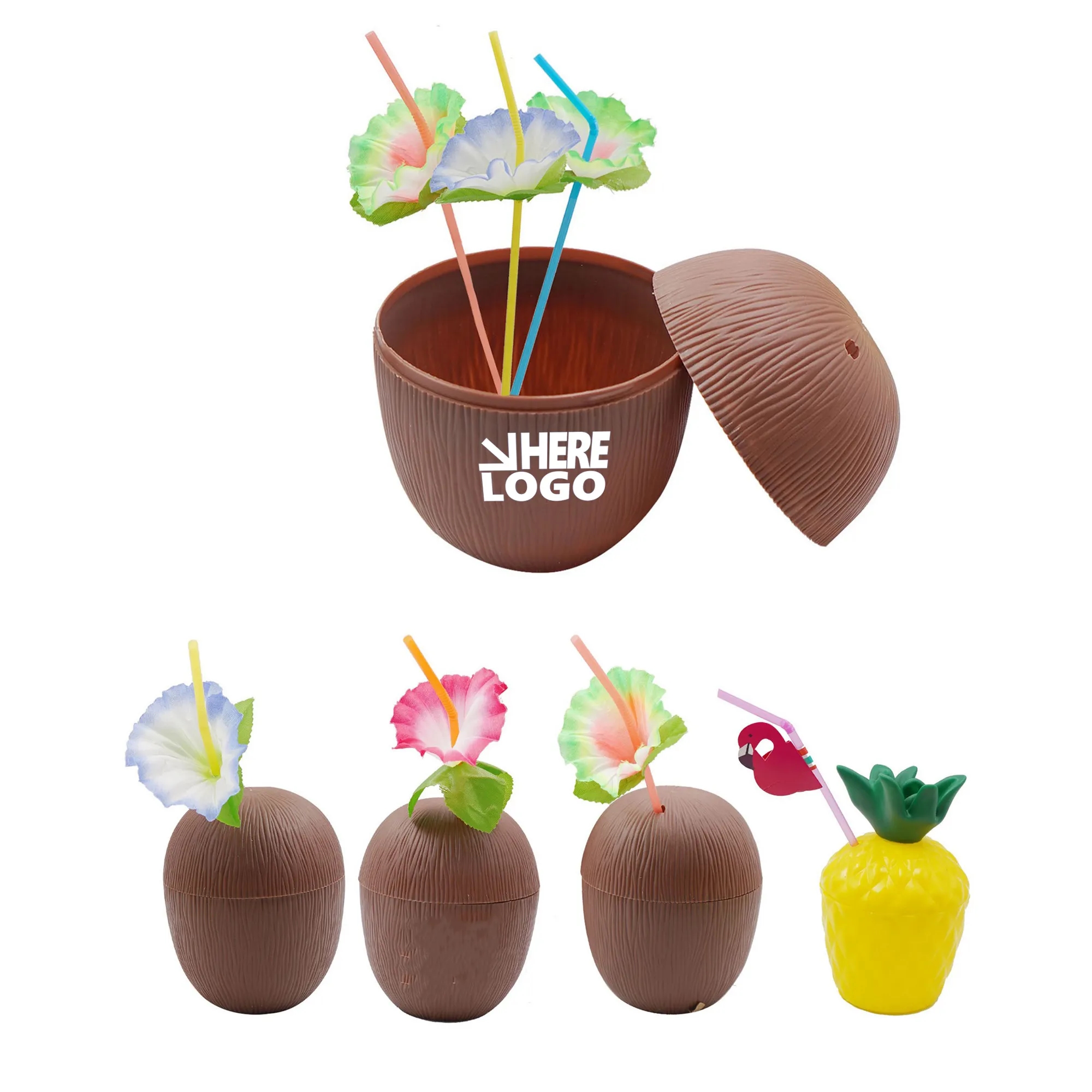 Hawaiian Themed Coconut Cups with Flower Straws MOQ50 2