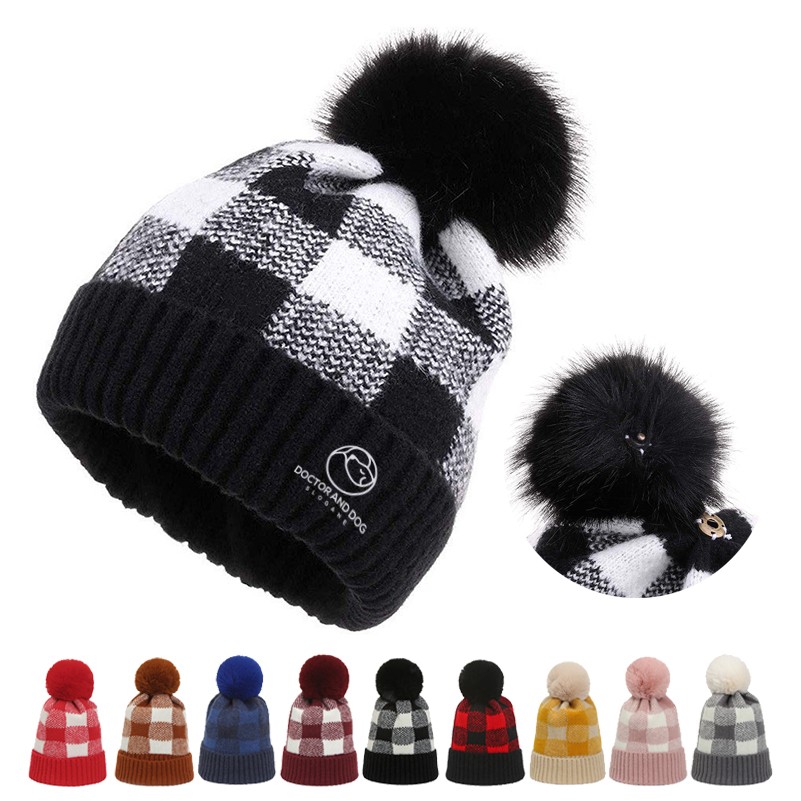 Plaid Beanie With Pompom 1
