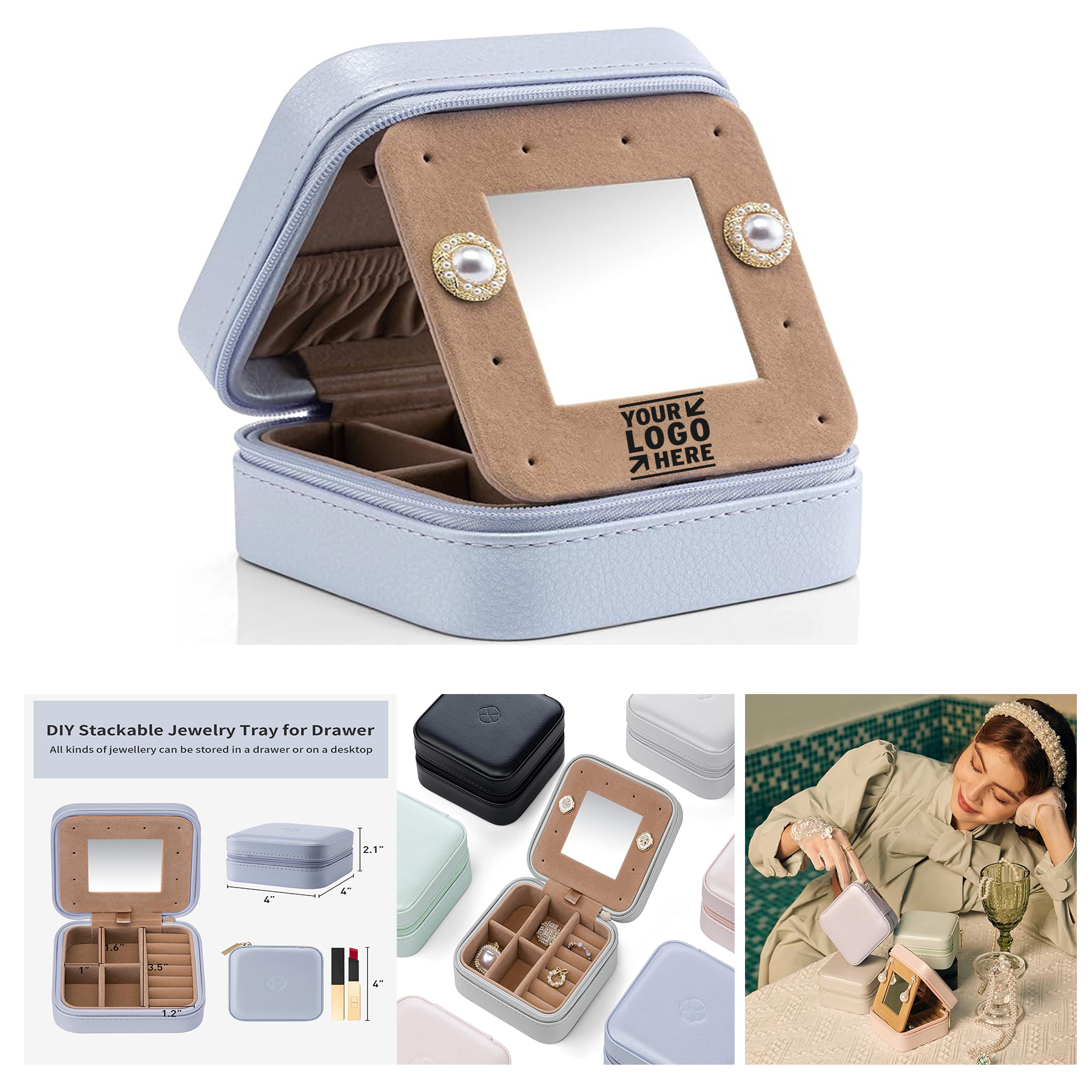 Women Girls Portable Plush Velvet Small Travel Jewelry Box Ring Necklace Storage Case with Mirror
