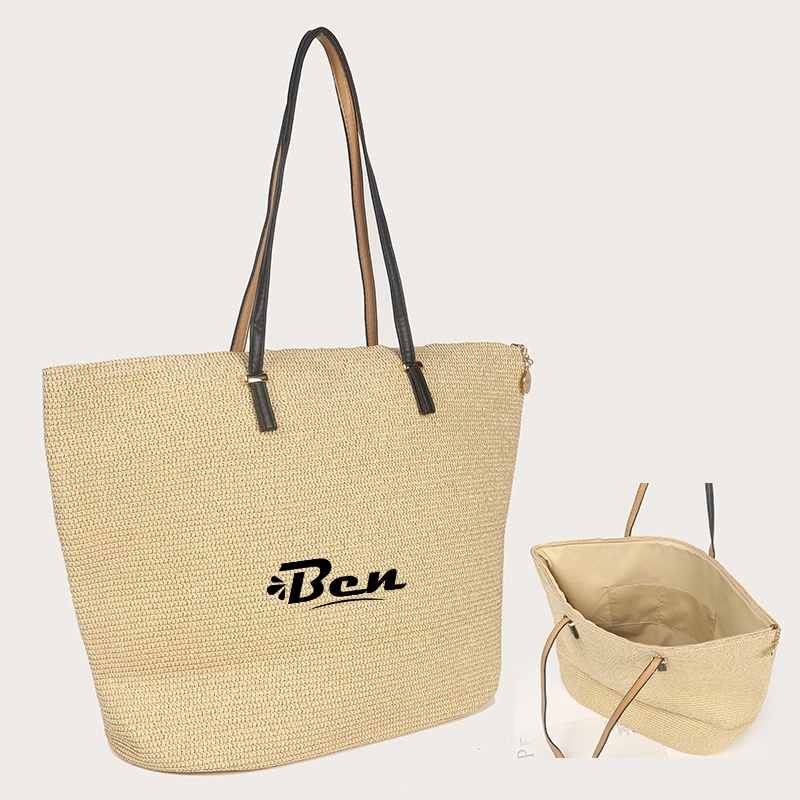 Zipper Top Large Straw Tote Bag 1