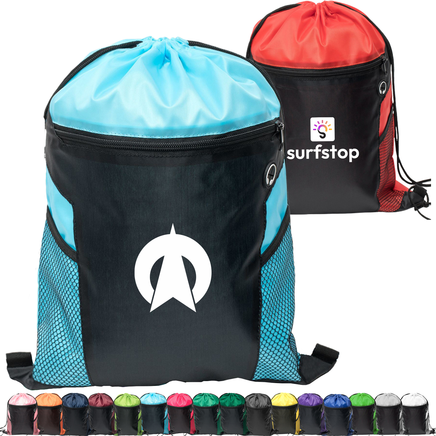 Two-Tone Front Zipper Drawstring Bag with Side Mesh Pocket and Earphone Slot (14" x 18") 2