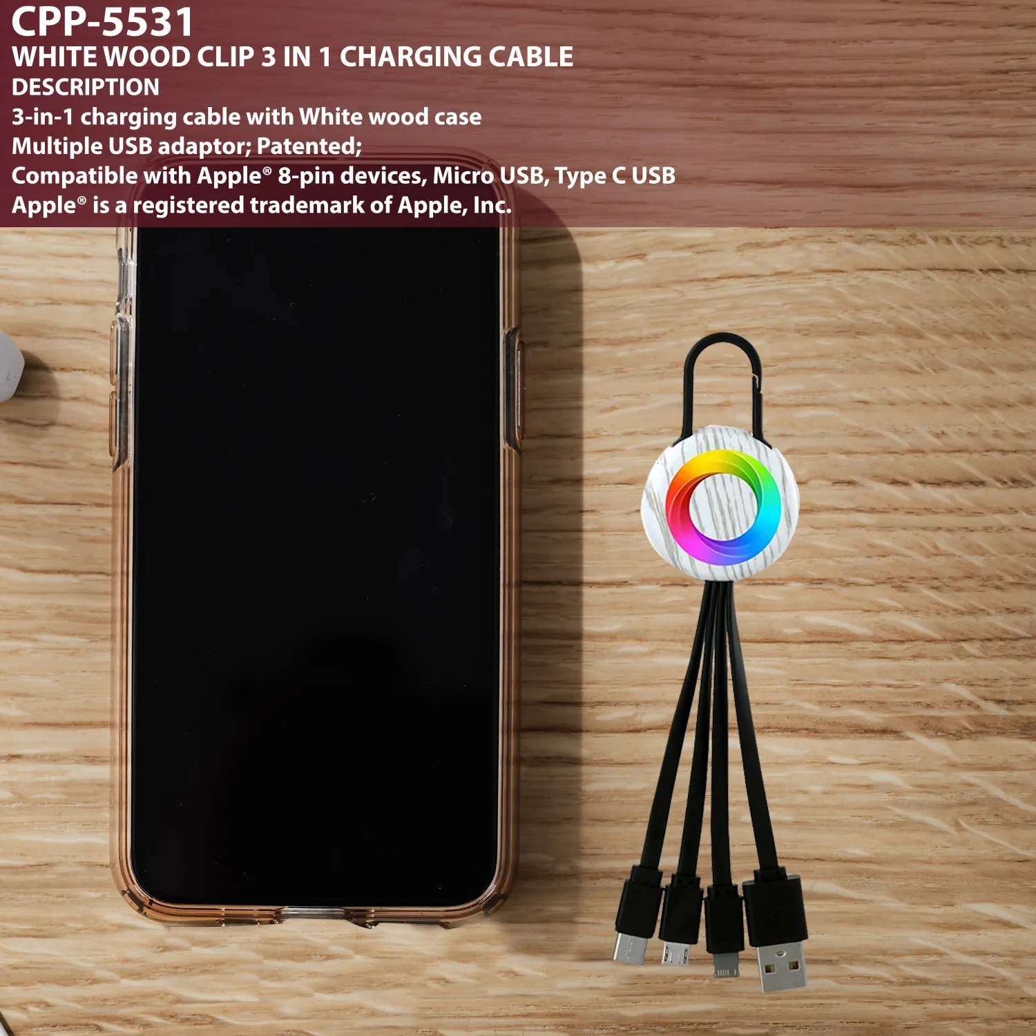 WHITE WOOD CLIP 3 IN 1 CHARGING CABLE 5