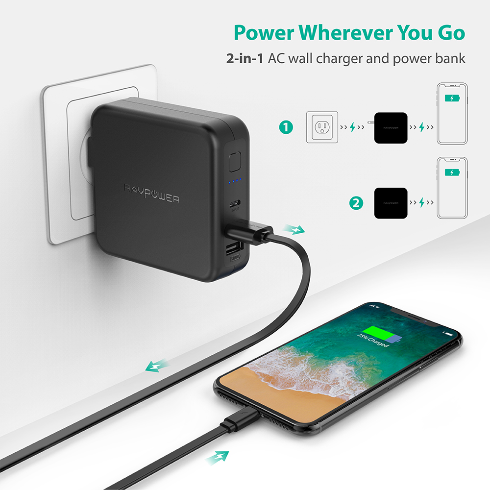 RAVPower Power Bank with Dual USB Wall Charger - 6700mAh 9