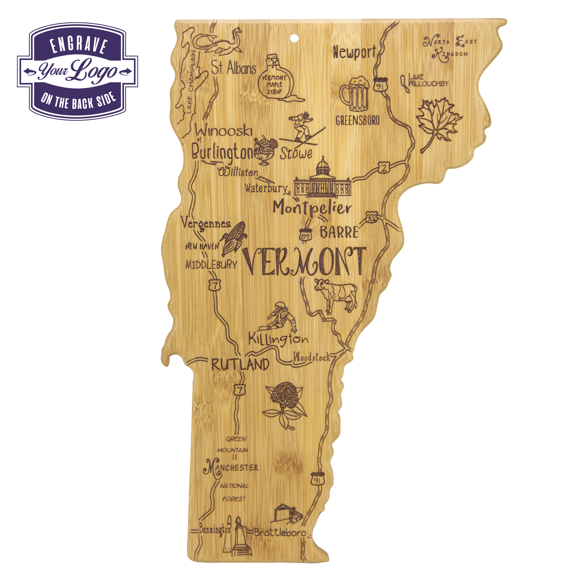 Destination Vermont State Shaped Bamboo Serving and Cutting Board