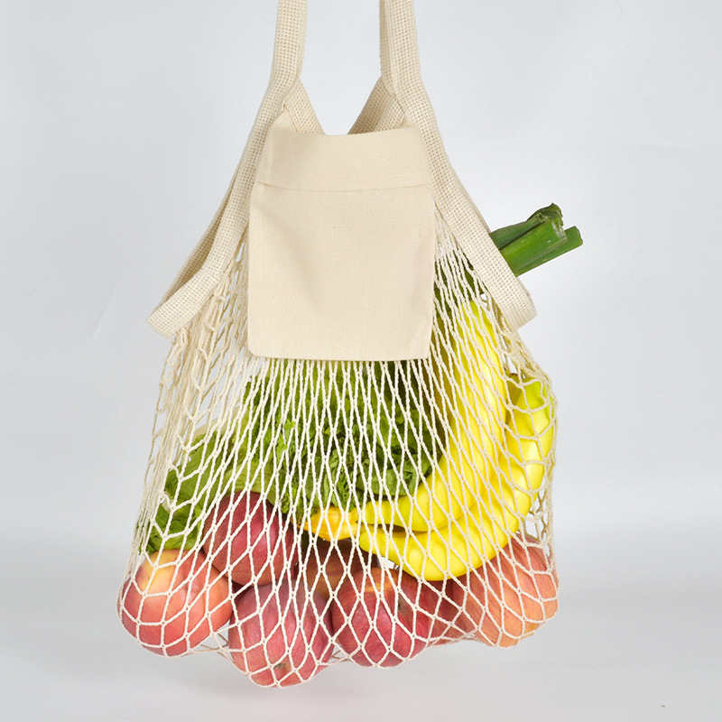 Vegetable Kitchen Cotton Net Bag w/Long Handle String & Pocket 10