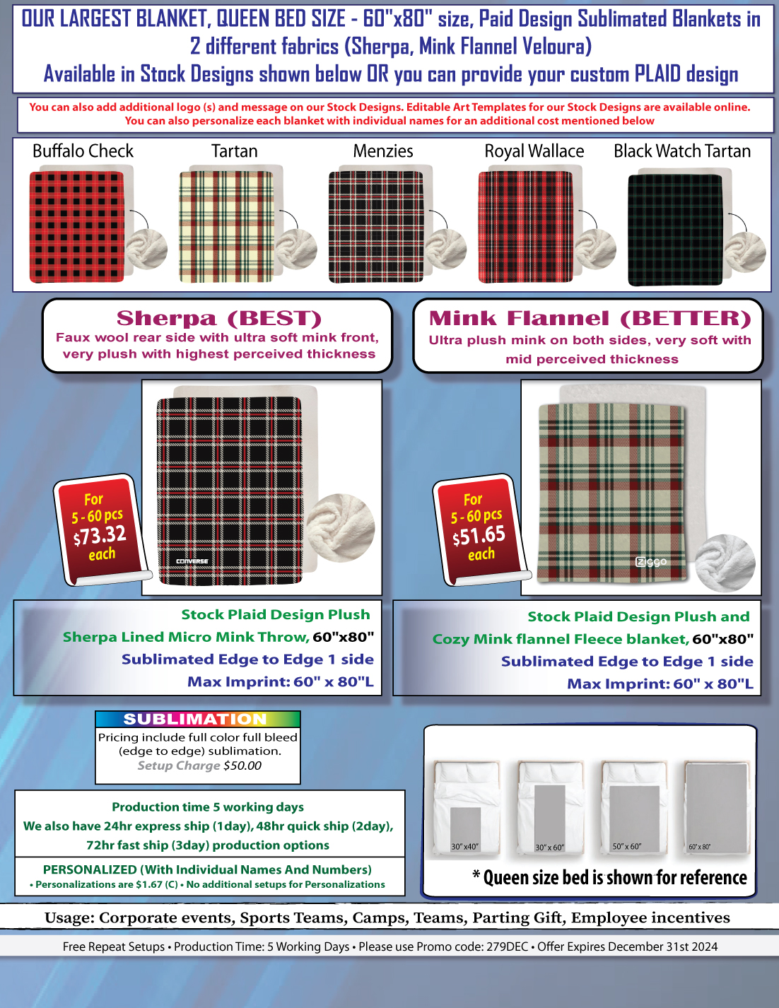 Stock Plaid Design Plush Sherpa Lined Micro Mink Throw, 60"x80", Sublimated 5