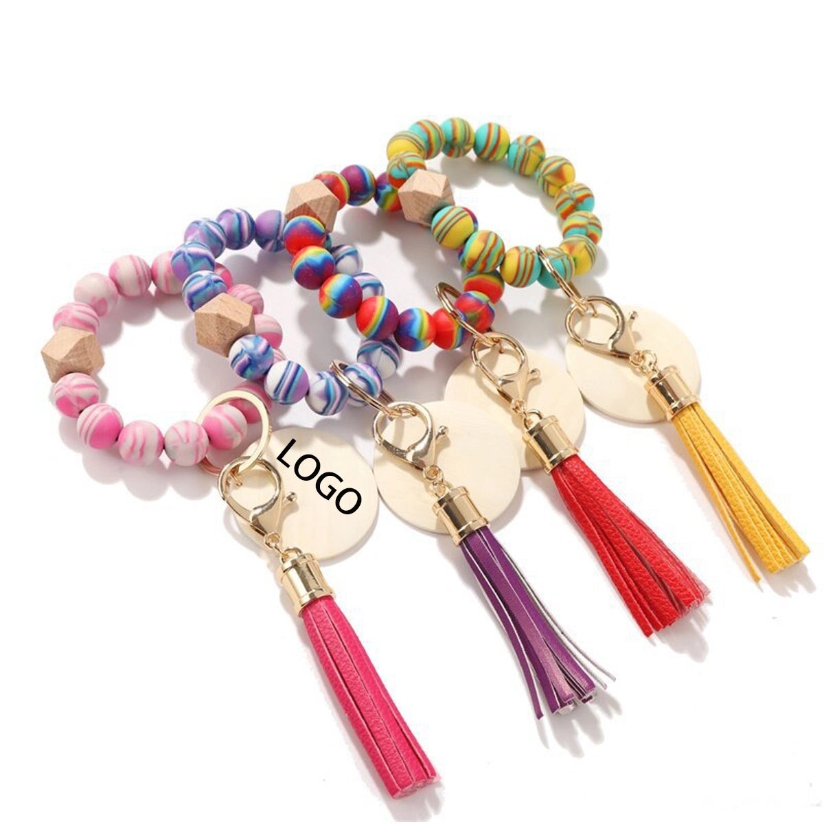 Tie Dye Rubber Bead Wood Bead Bracelet Keychain 2