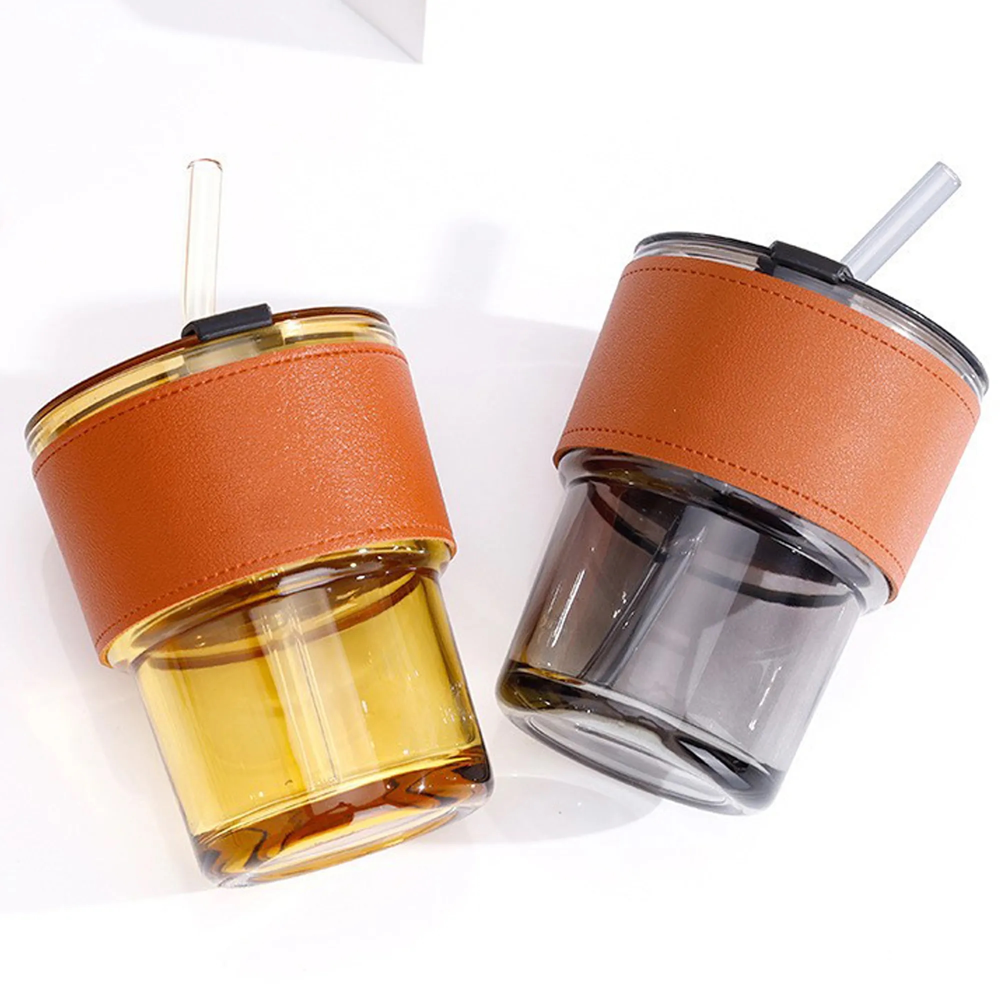 Transparent Glass Straw Coffee Bottle w/ Sleeve 6