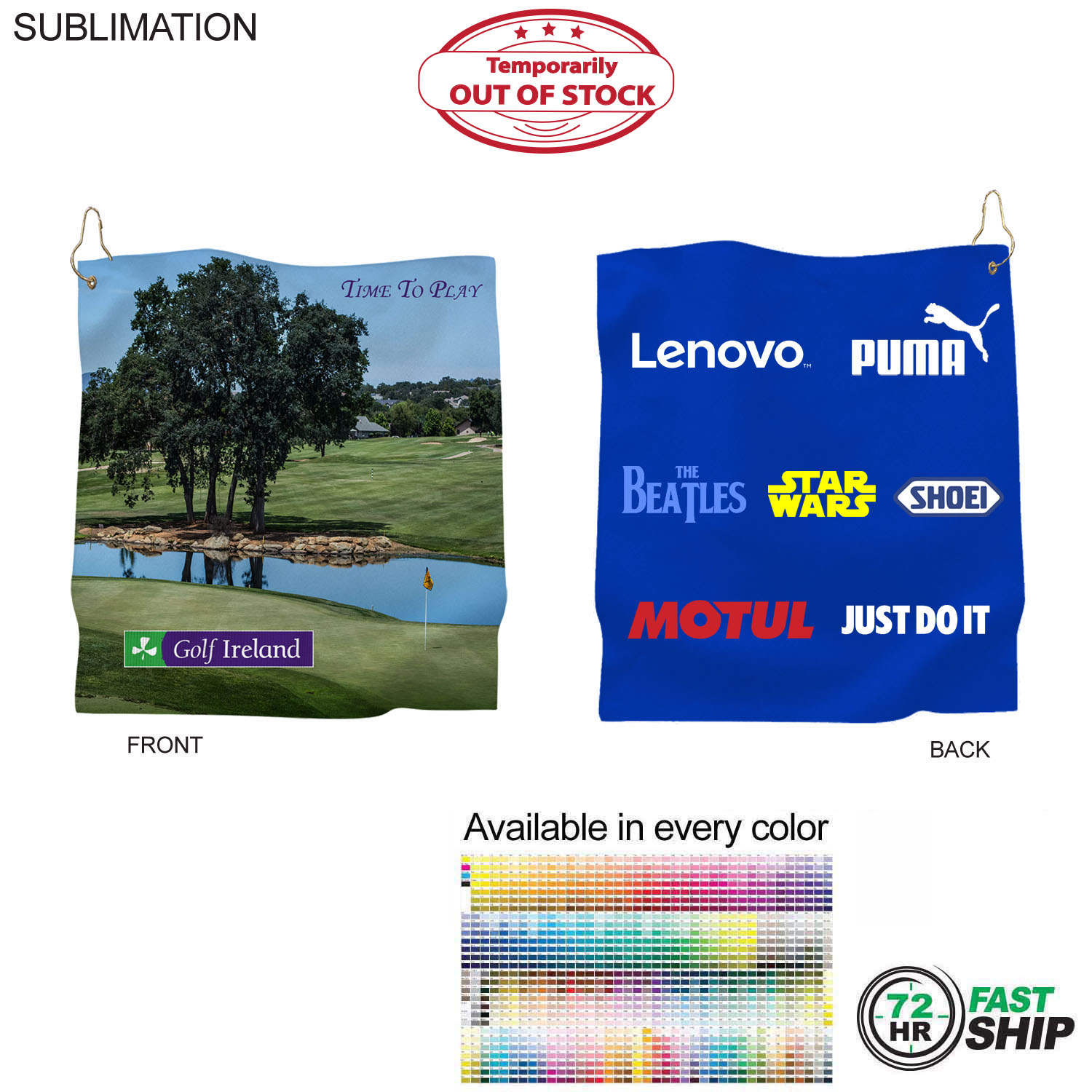 72 Hr Fast Ship - Microfiber Suede Shammy Golf Towel, Finished size 15x15, Sublimated 2 sides