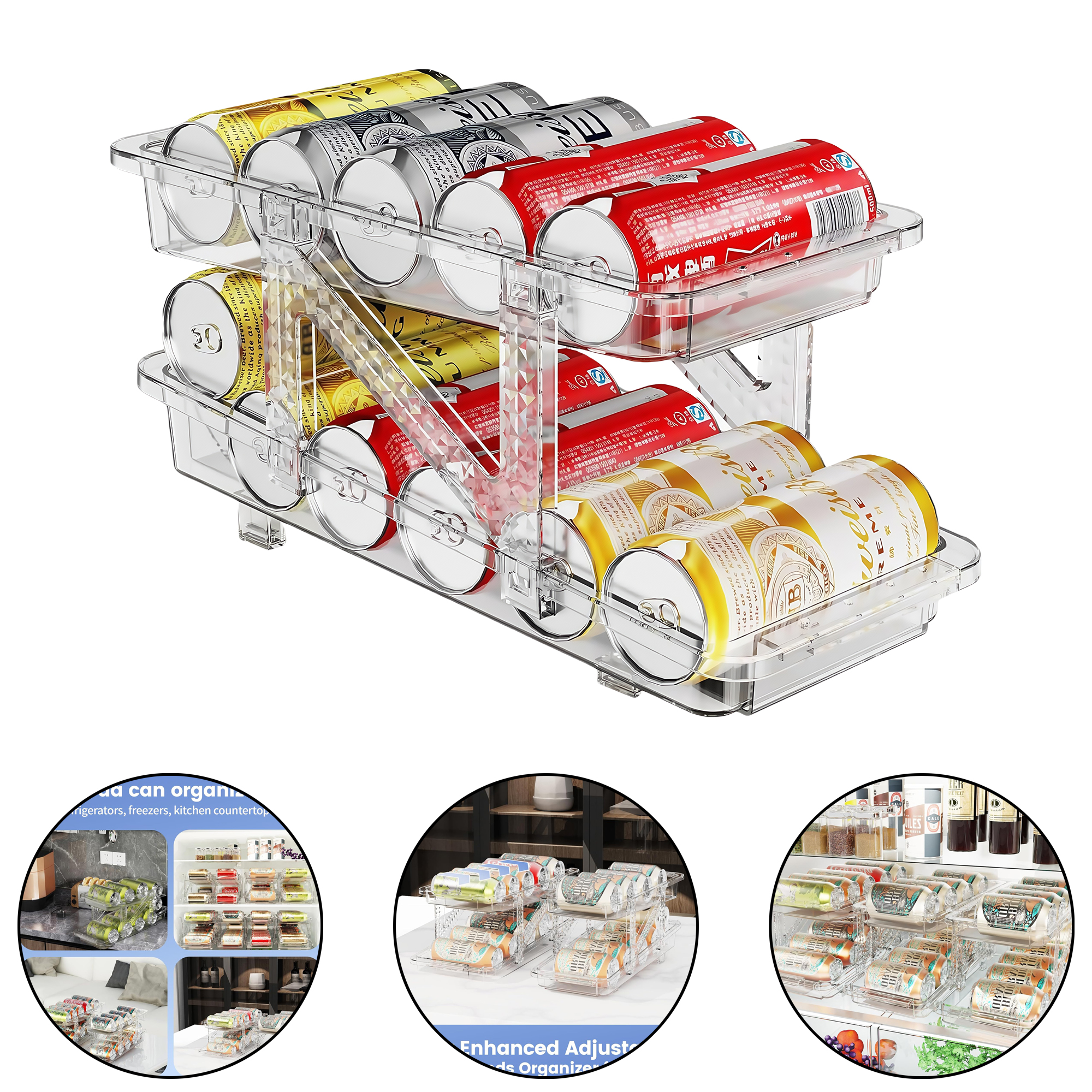 Patterned Expandable Transparent Double-Layer Drink Organizer with Auto-Fill for Fridge 2