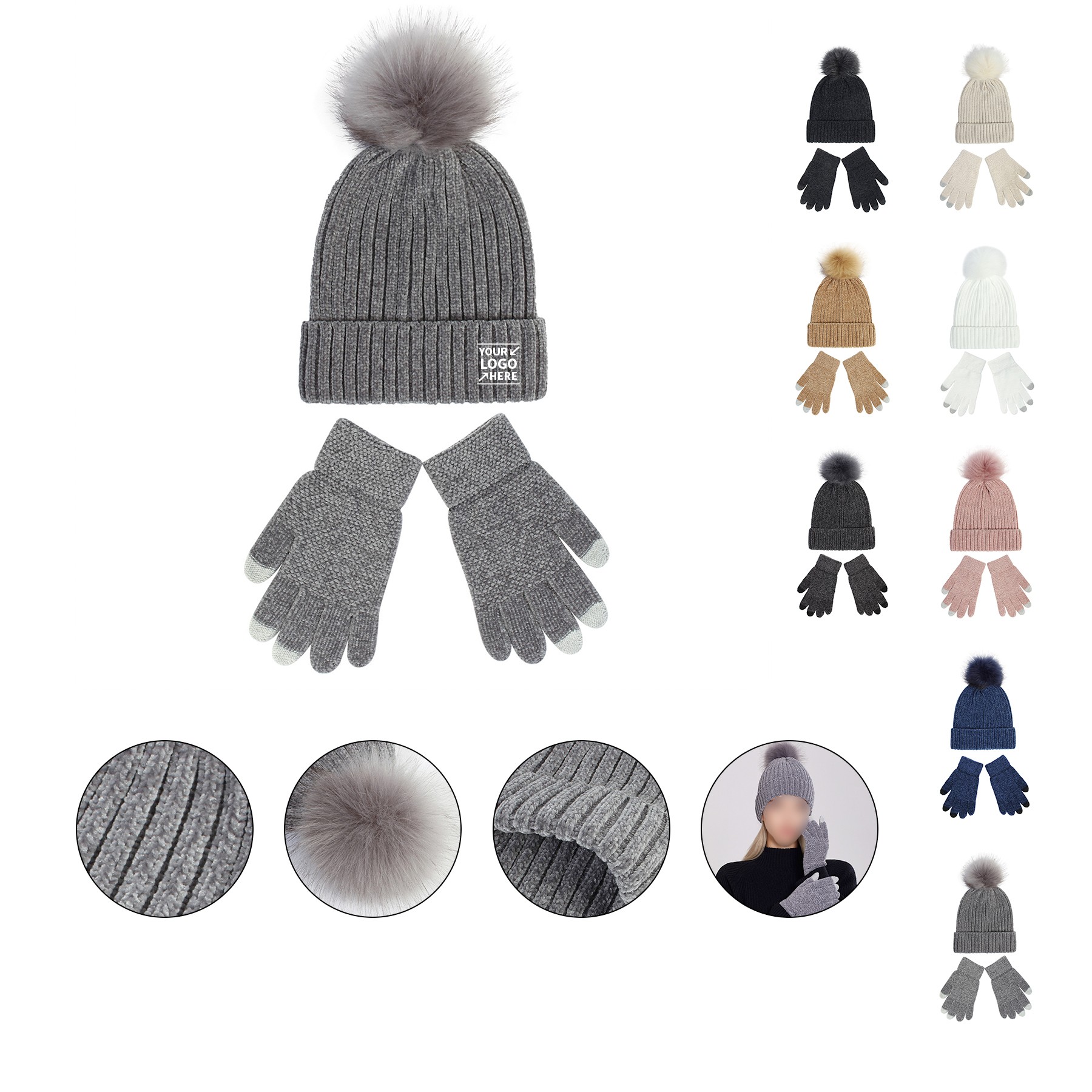 2PCS Chenille Pom Pom Beanie Gloves Set 6