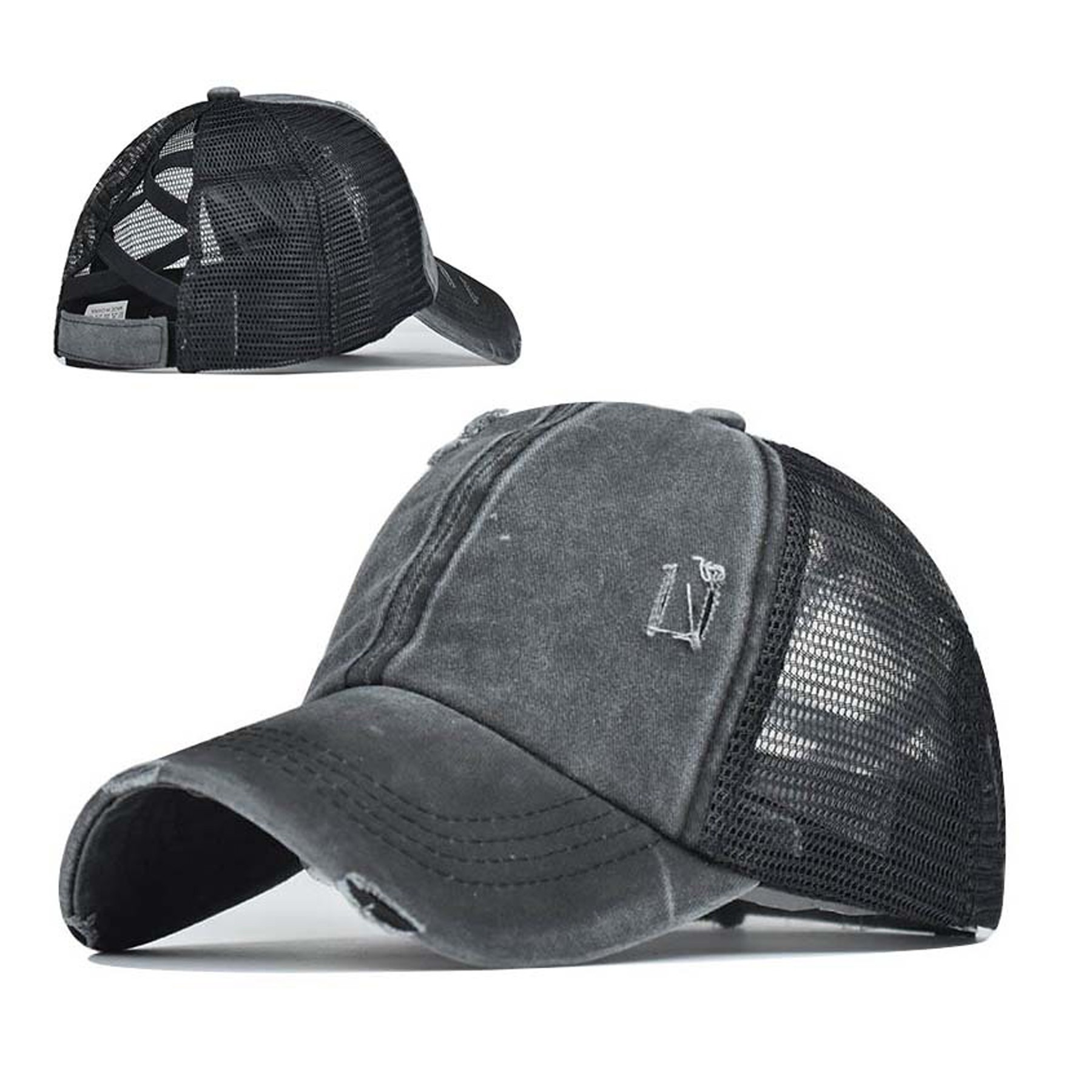 Washed Denim Criss Cross Ponytail Trucker Cap 10
