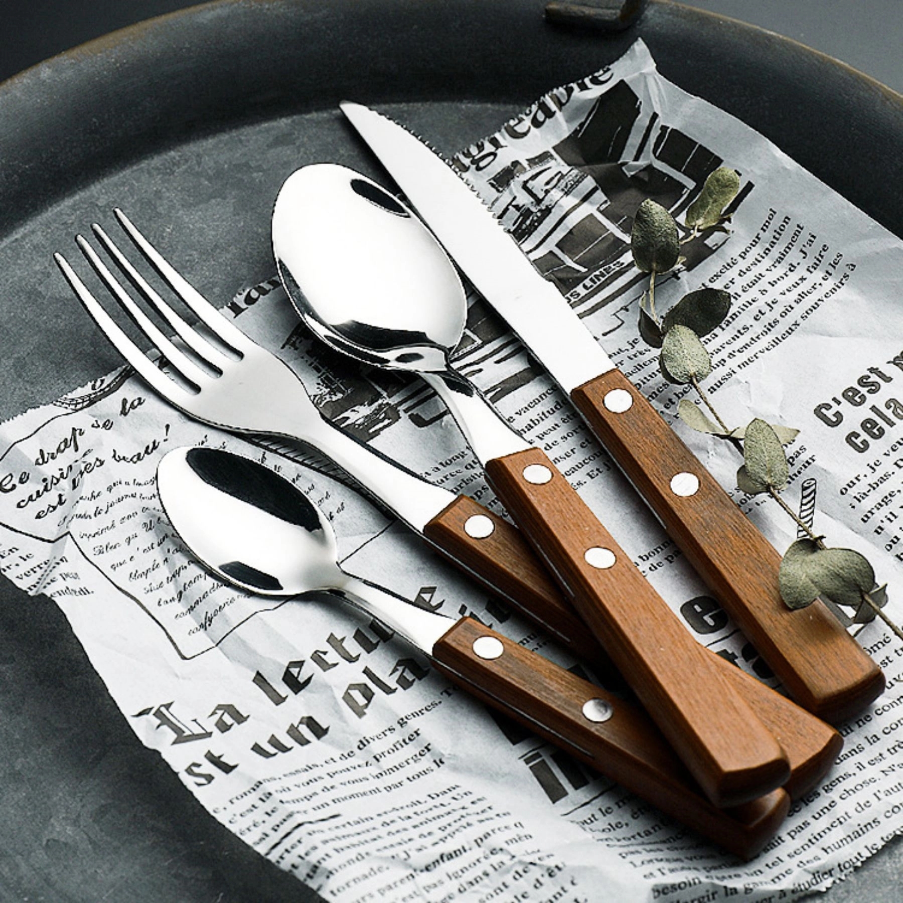 Silverware Set Stainless Steel Cutlery Wood Handle Retro 9