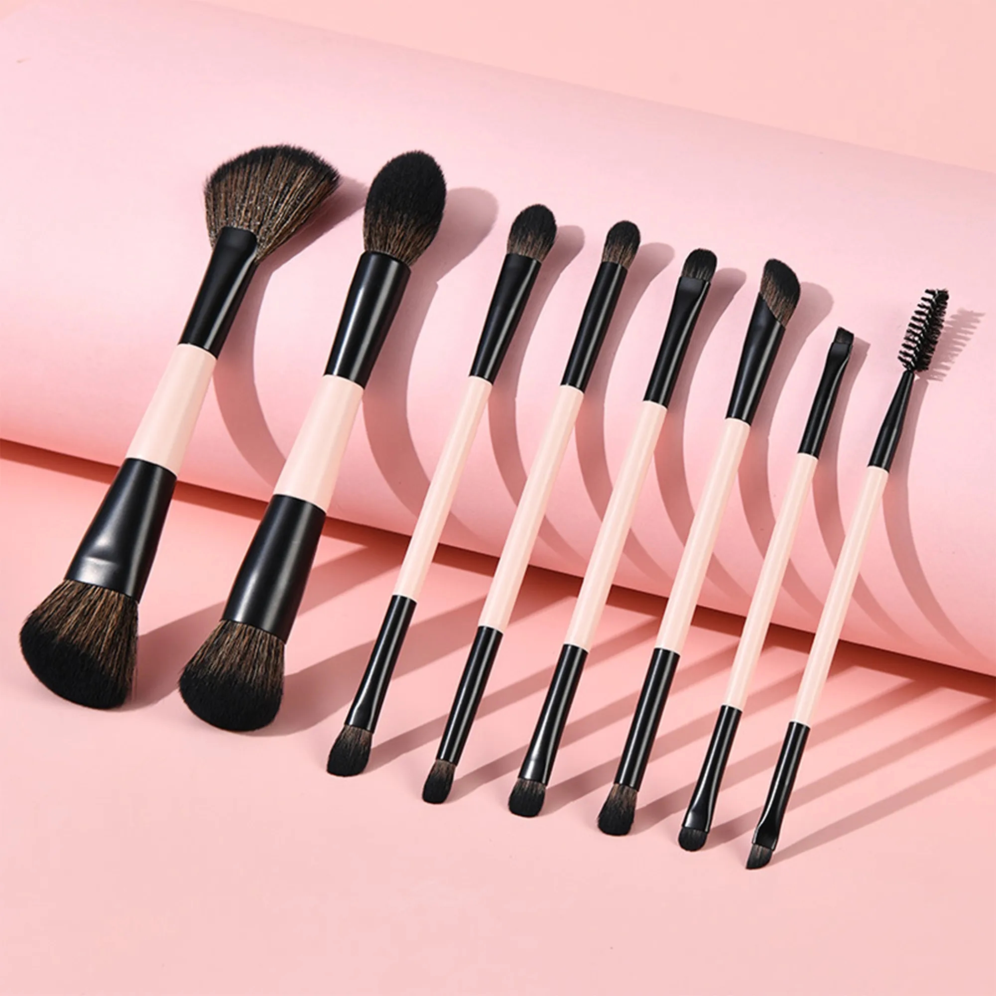 Wood Handle Double Ended Makeup Brush Set With Pouch 2