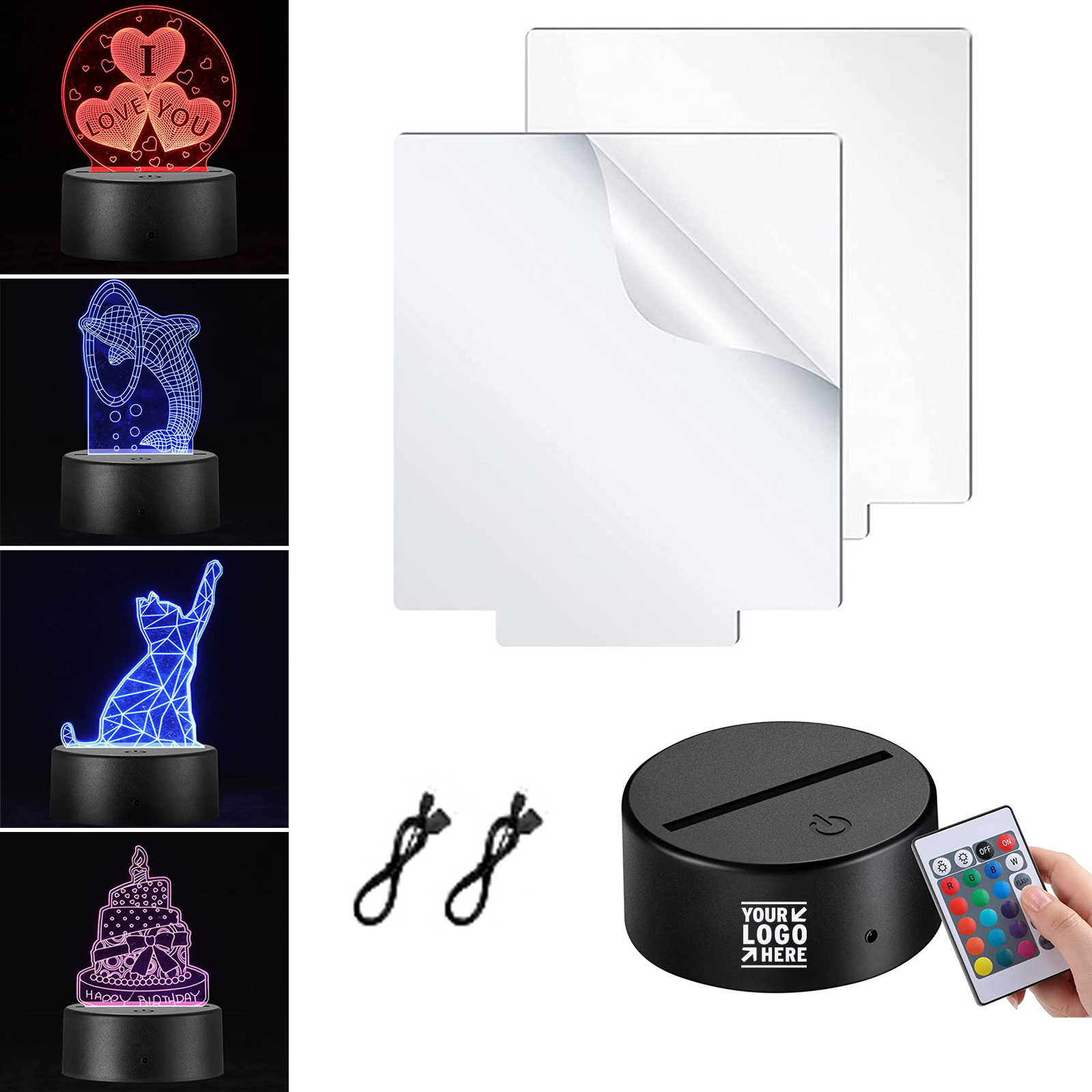 3D Night Led Light Base and Clear Blank Acrylic Sheet with Remote Controls and USB Cable 2