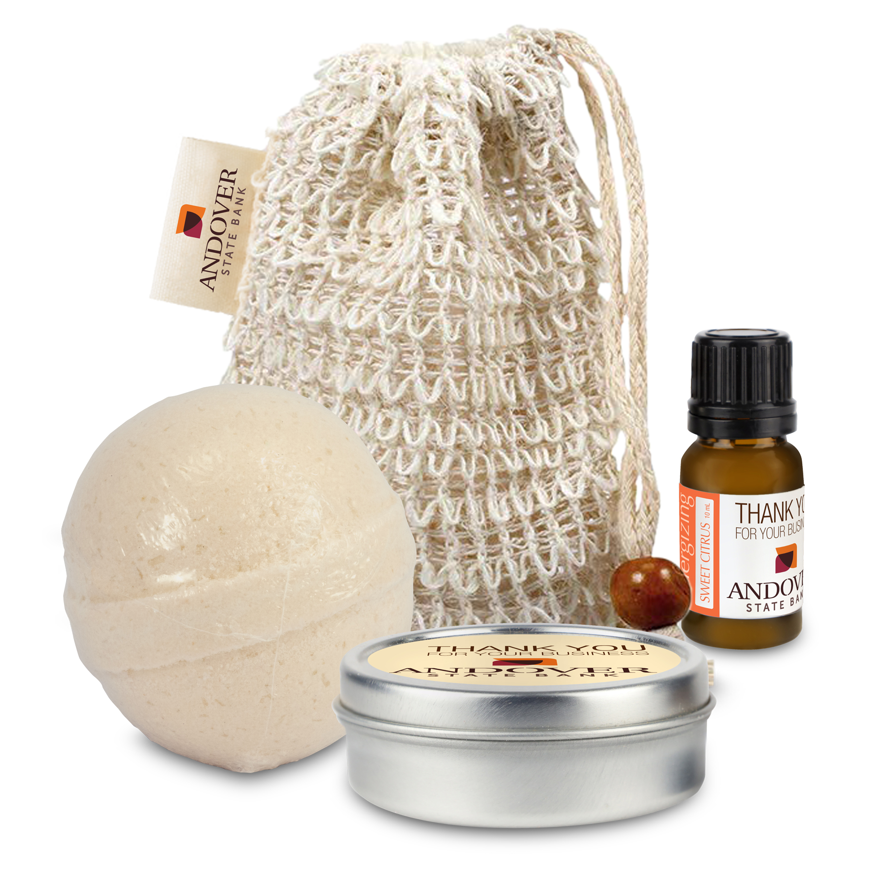 Loofah Bag with Bath Bomb, Candle Tin, and Essential Oil 2