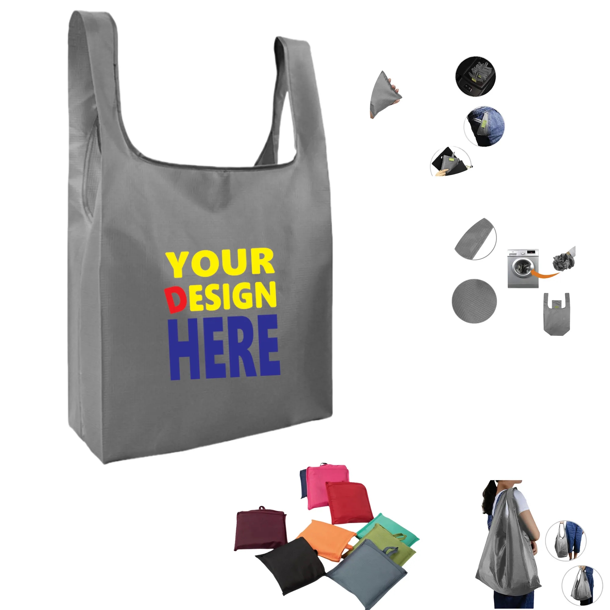 Folding Portable Shopping Bag Reusable, custom tote bag with logo imprint 3