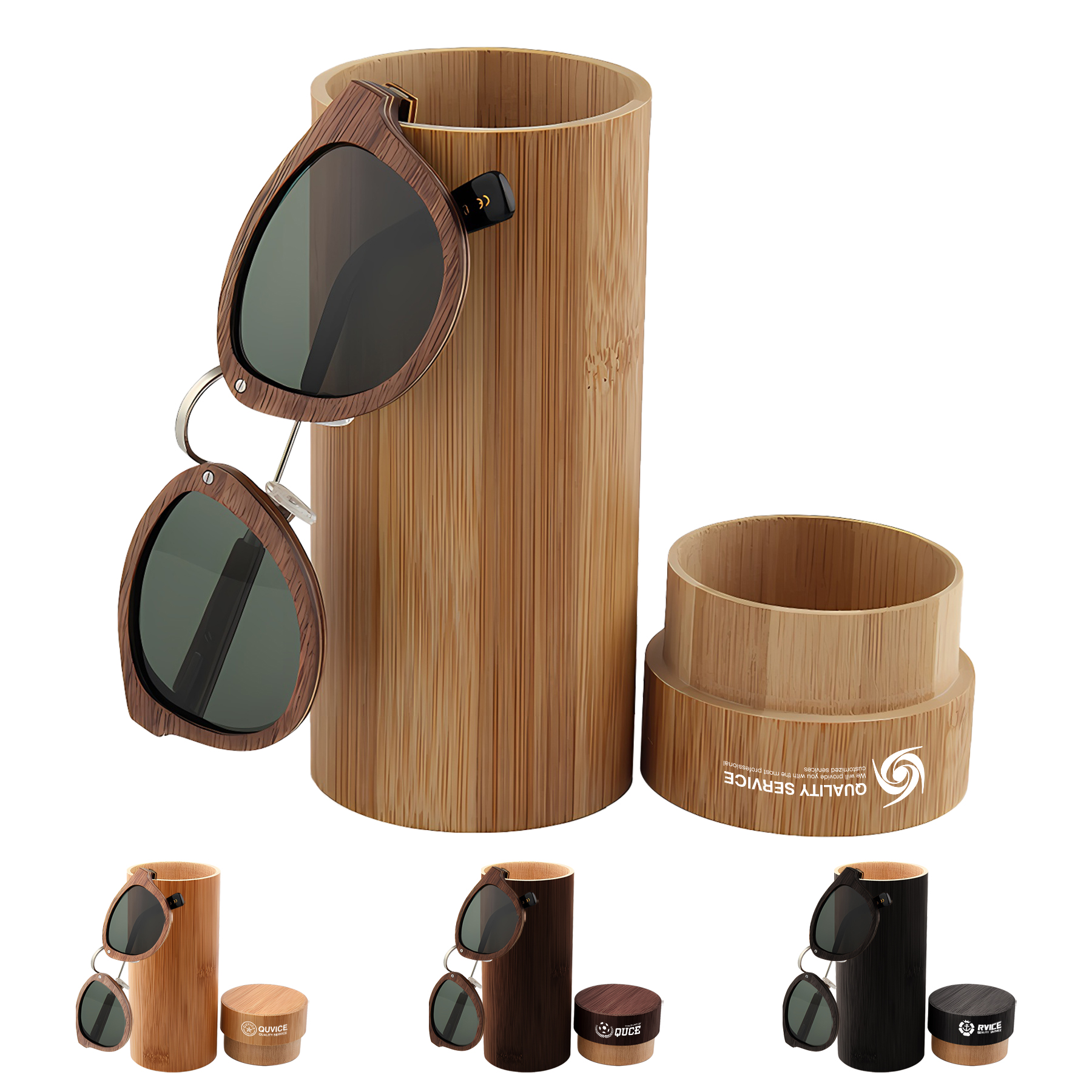 Fashionable Laser Engraved Bamboo Sunglasses With Cylindrical Case (MOQ: 100 Sets ) 4