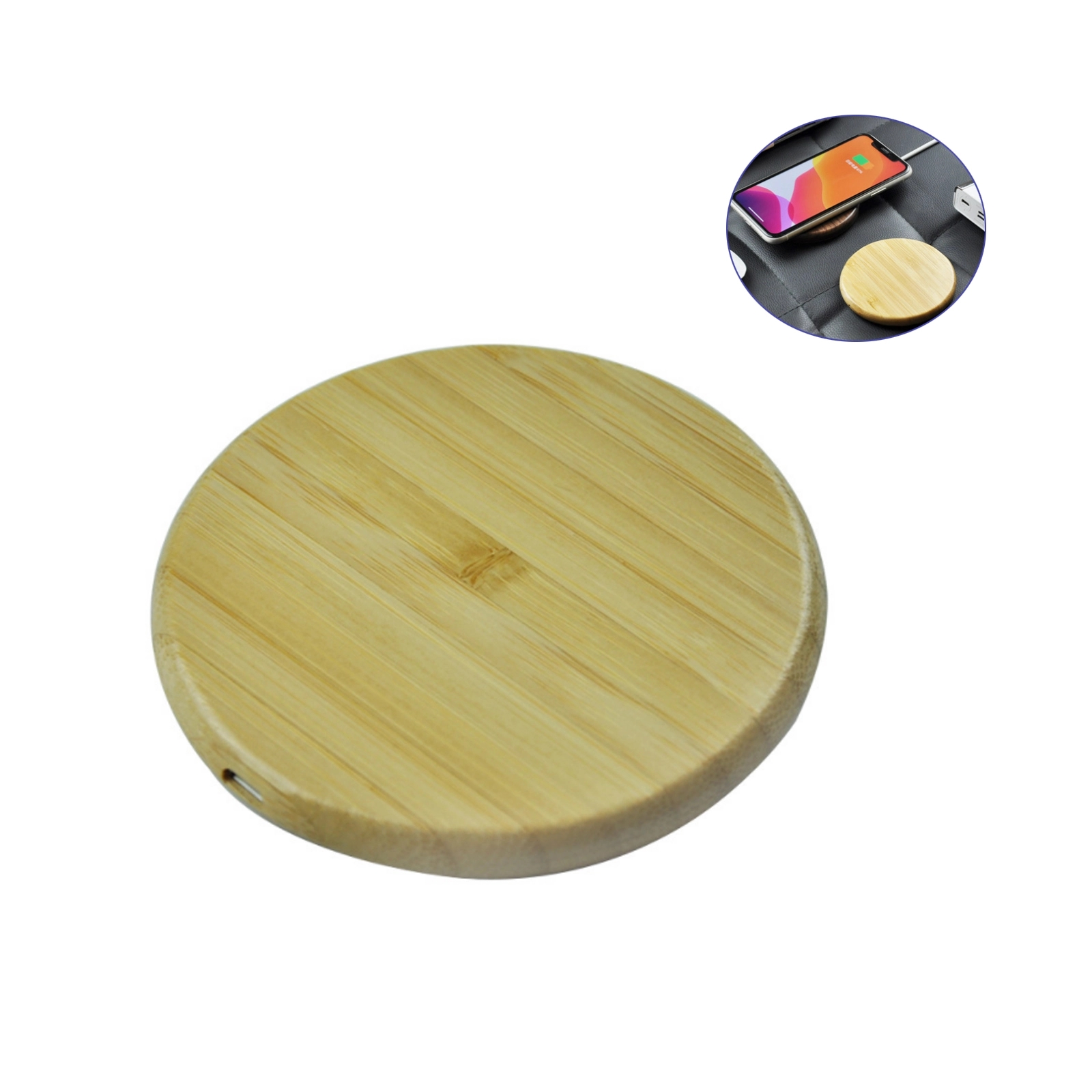 Round Bamboo 5W Wireless Charger with Dual USB Ports 6