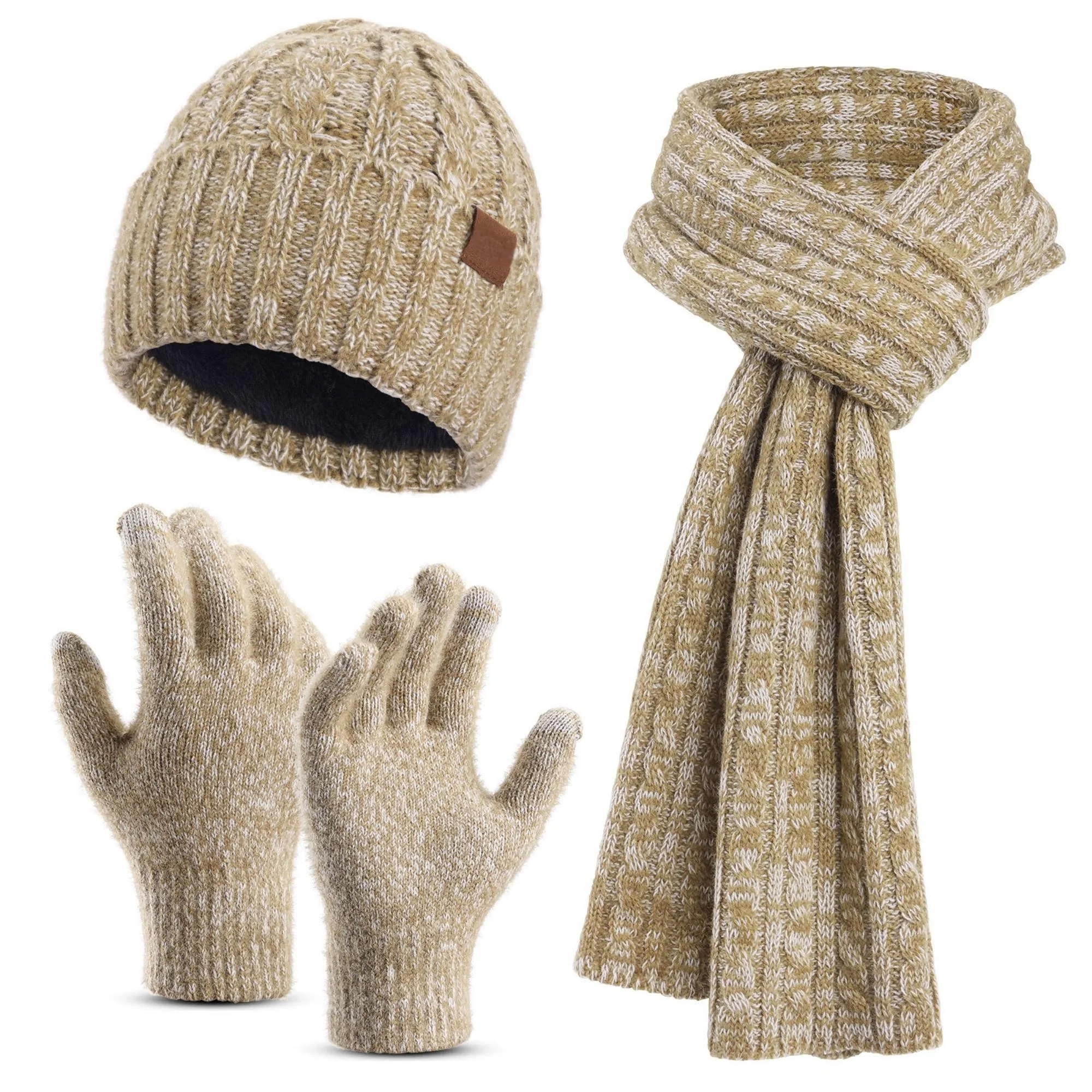 Winter Knit Warm Hat Long Scarf Touch Screen Gloves Set 3