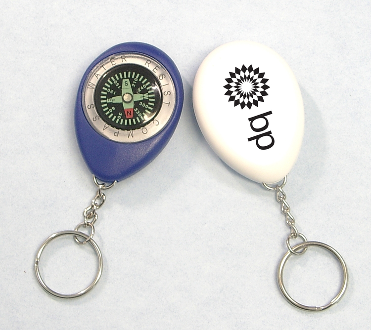 Compass keychain, oval shape with swivel chain.
