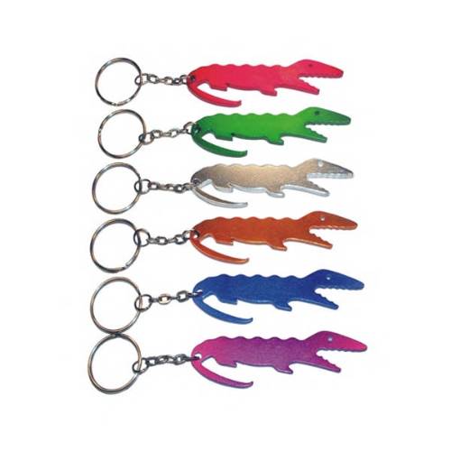 Alligator shape bottle opener with key chain.