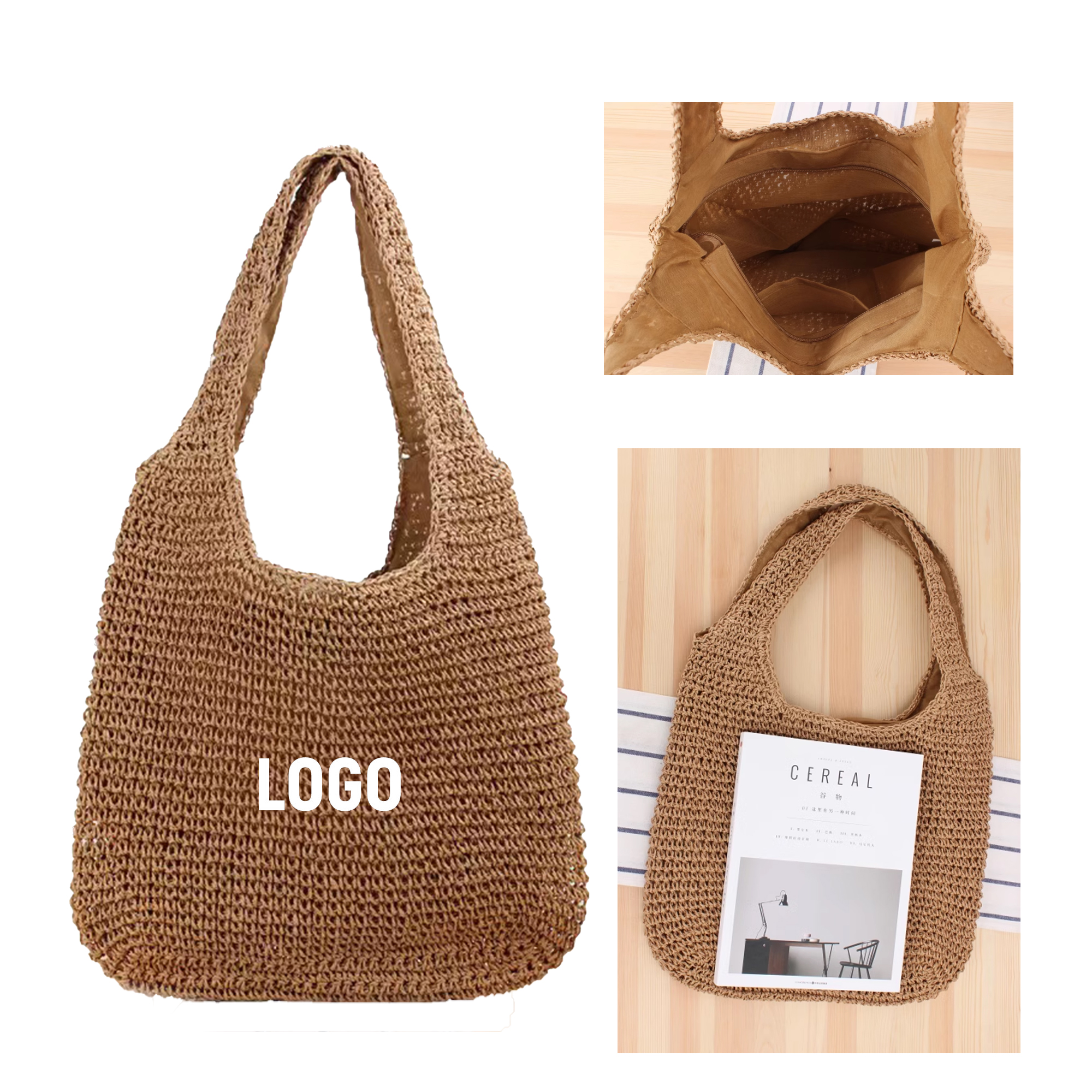 Hand-woven Soft Large Straw Shoulder Beach Bag, custom tote bag with logo imprint 3