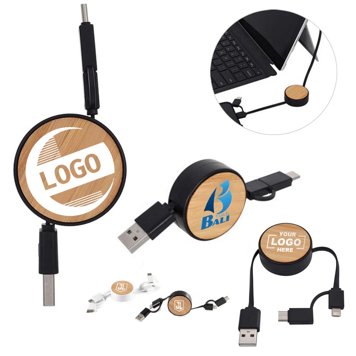 Custom 3-in-1 Advertising Bamboo Retractable Charging Cables 4
