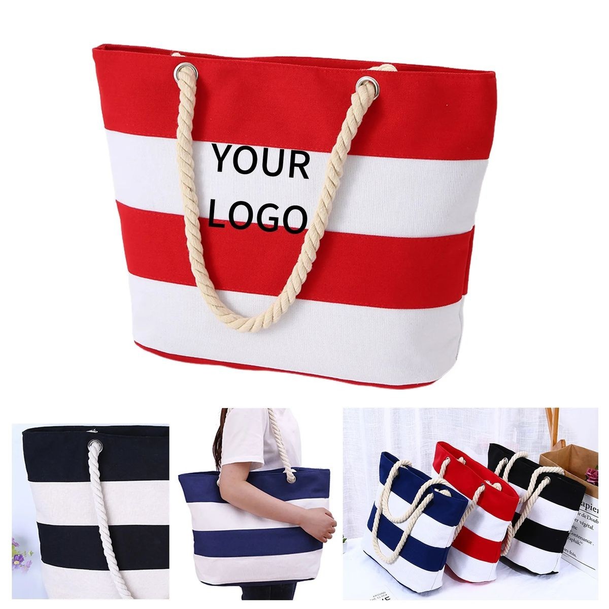 Cotton Beach Tote Bag with Rope Handles 1