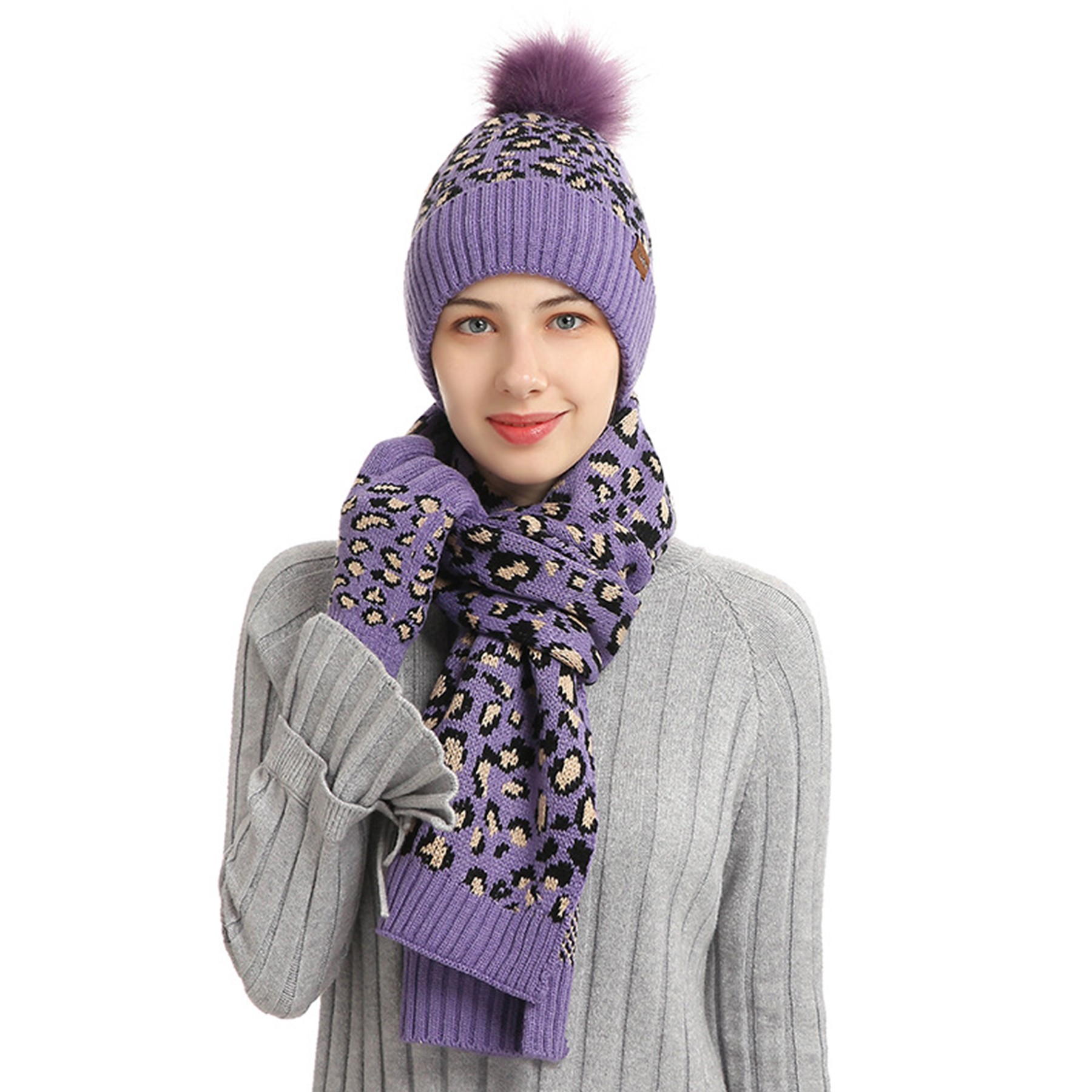 3 Piece Leopard Pom-pom Beanie Gloves Set 1