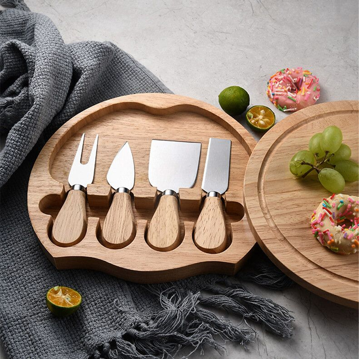 Round Wood Cheese Board with Knife Set 7