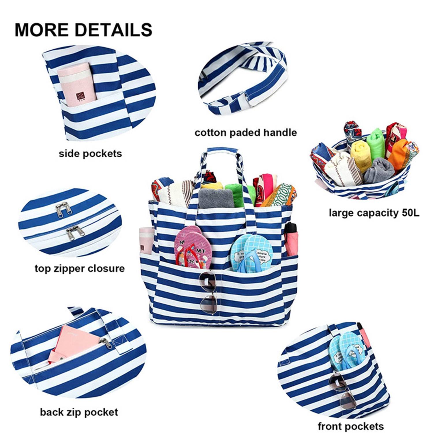 Sandproof Zipper Beach Tote Bag for Pool Gym Grocery Travel 5