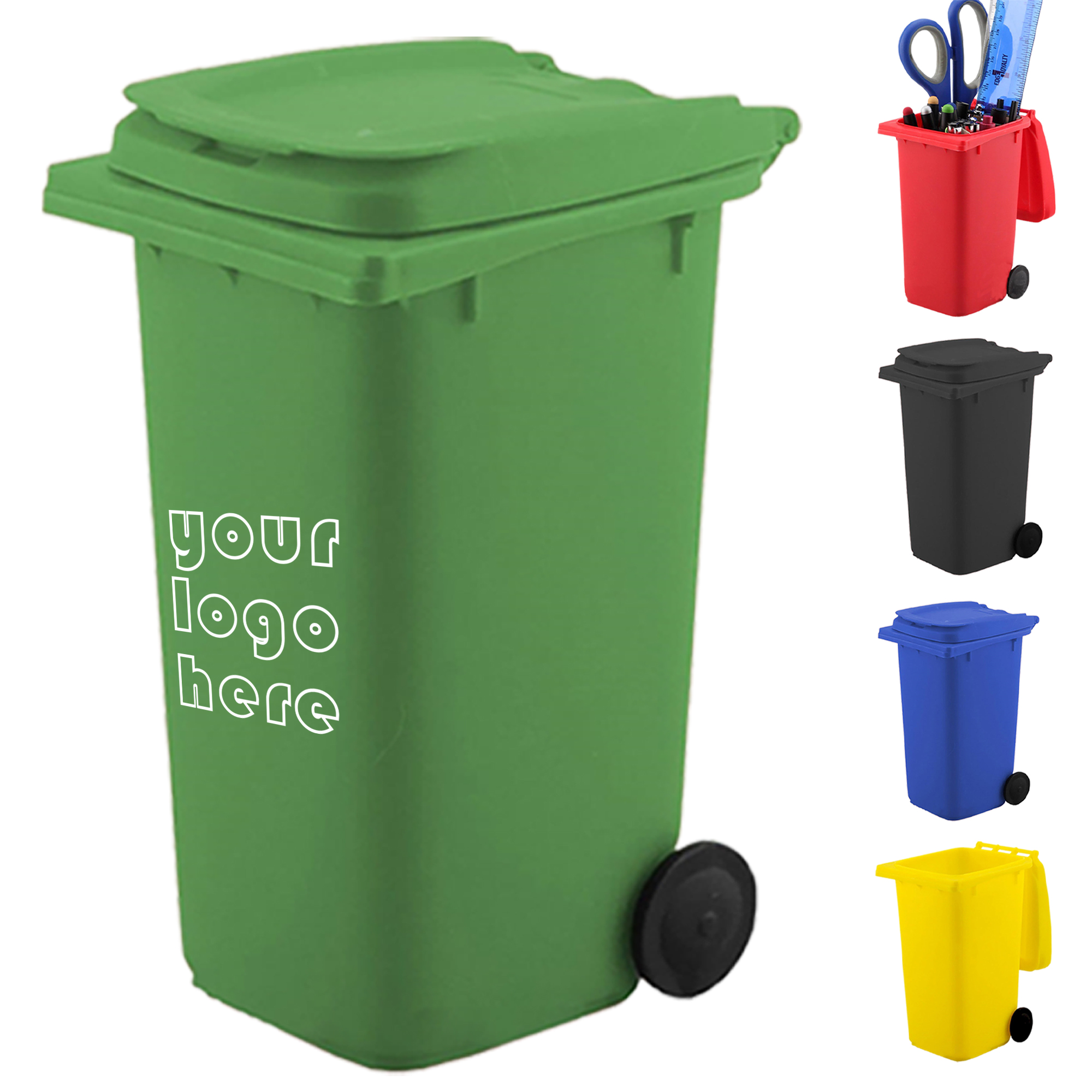 Miniature Trash Bin Pen Holder with Wheels 1