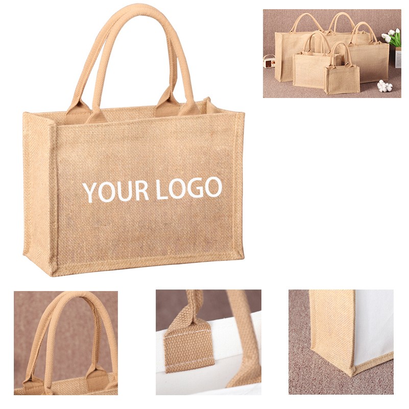 Reusable Burlap Tote Bags Jute with Handles and Button 3