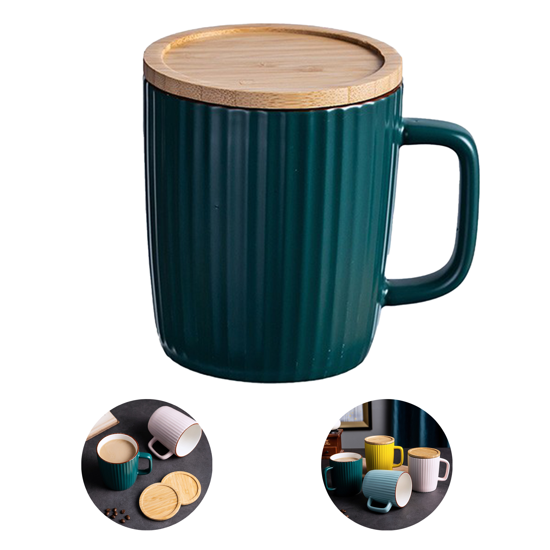 13Oz Ceramic Coffee Mug With Wooden Lid 3