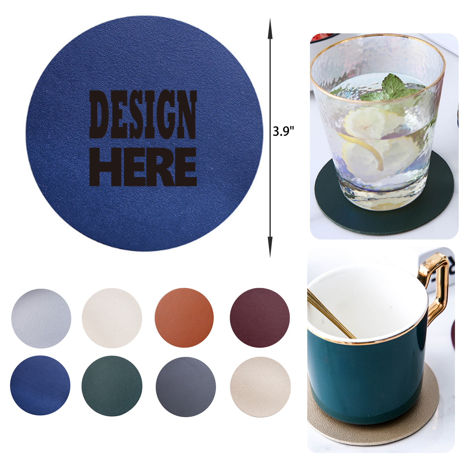 MOQ 50 PCS Stylish Solid Color Round PU Leather Coaster 5