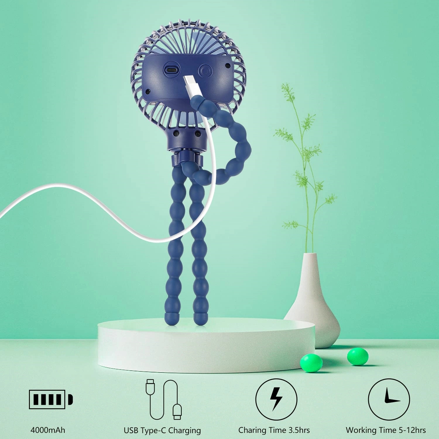 Mini Handheld Stroller Fan with Flexible Tripod 4 Speeds 2