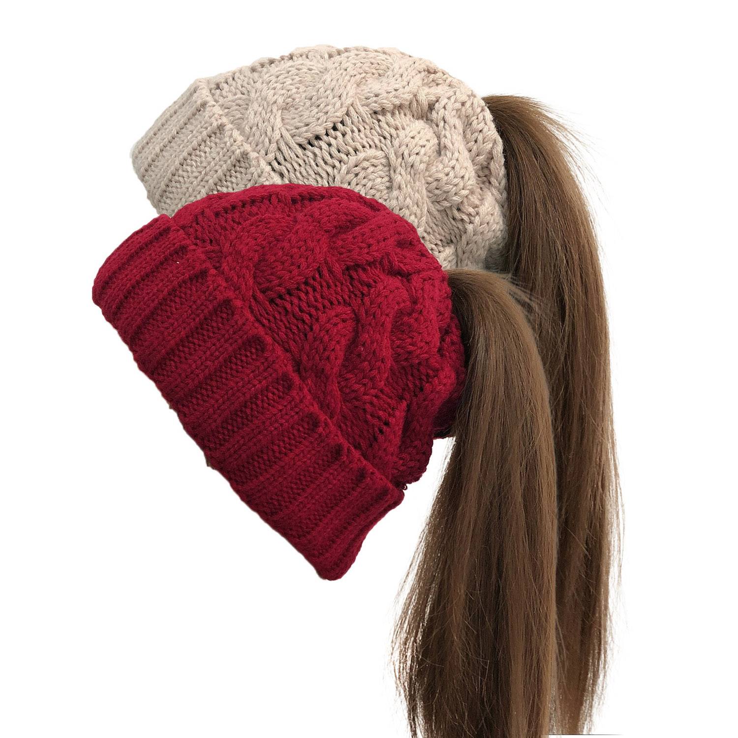 Women's Solid Color Curled Edge Knitted Ponytail Hat 3