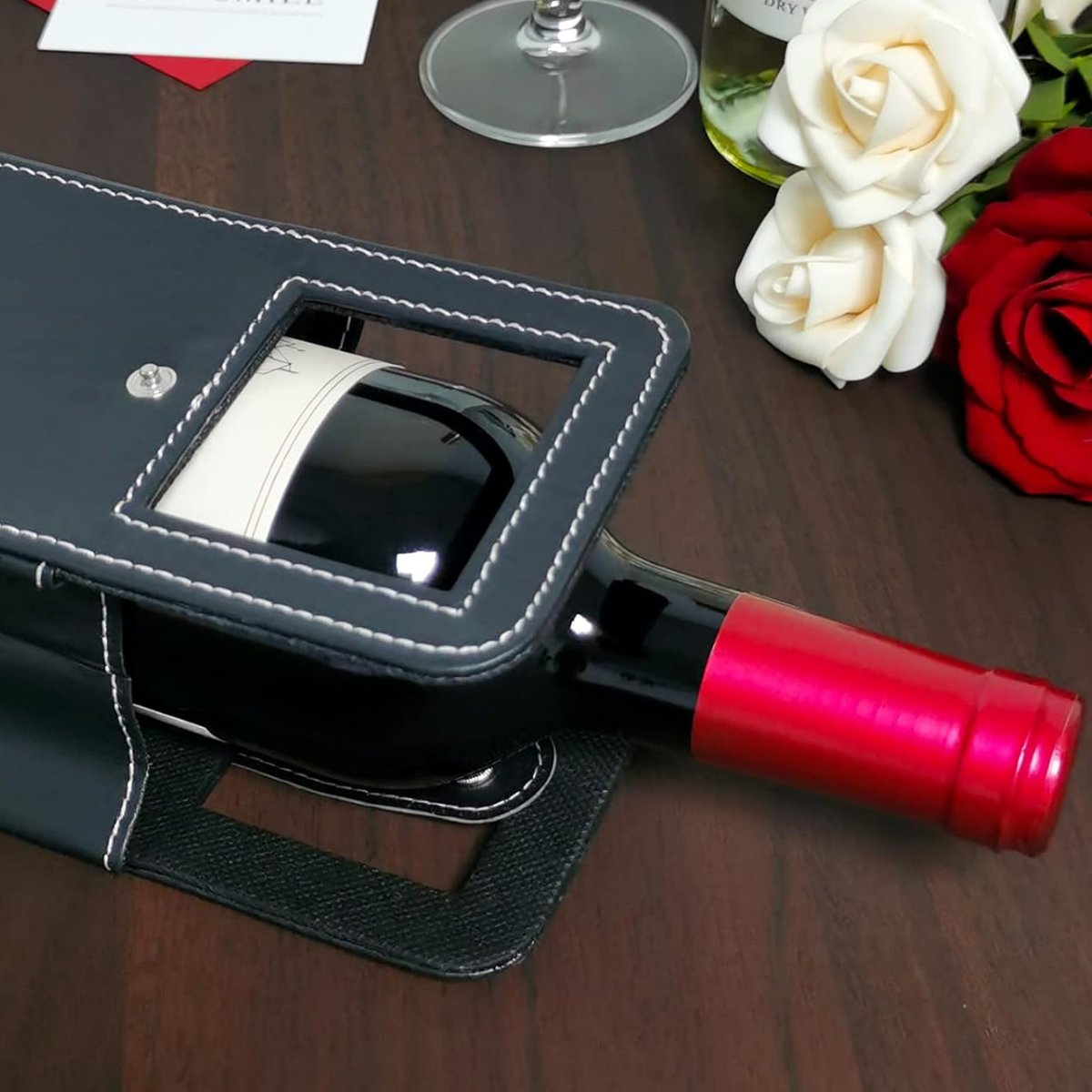 PU Leather Single Wine Bottle Bag with Handle Slot 4