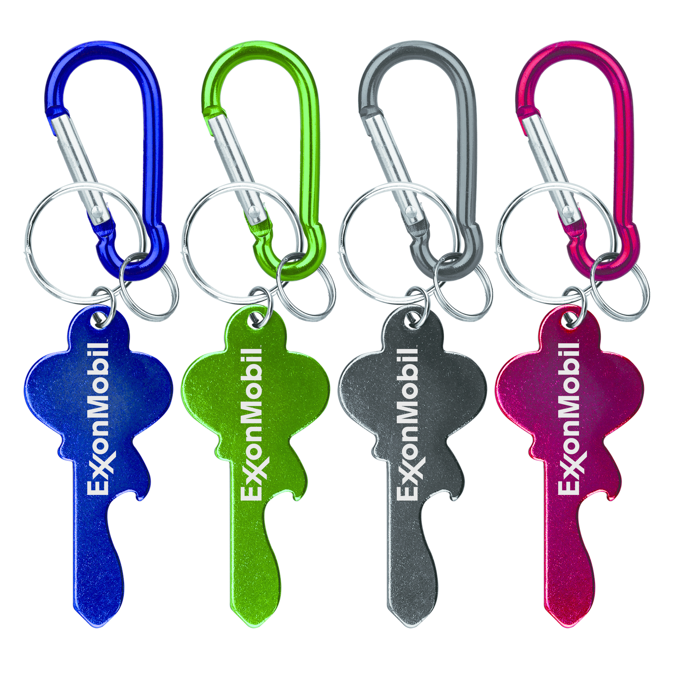 Key shape bottle opener with key ring and carabiner